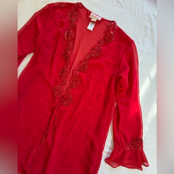 Vintage Lucie Ann red sheer robe sequins beads long sleeve ruffle cuffs S - Picture 4 of 11